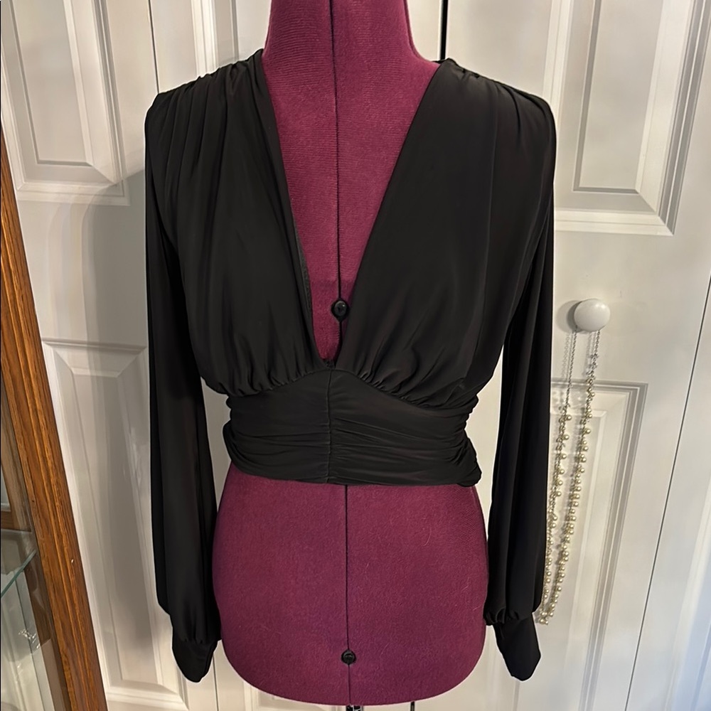 Black Long Sleeve Wrap Blouse